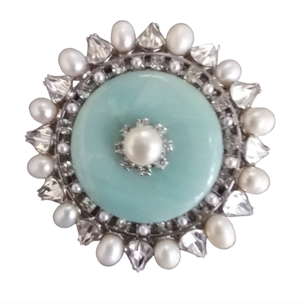 Tom Binns Pearl & Genuine Stone Large Brooch Pin Crown Motif